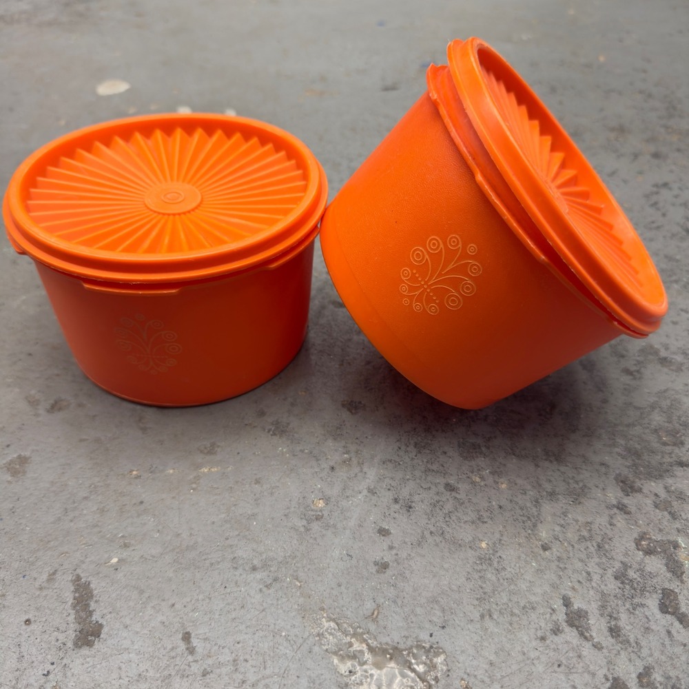 Vintage Tupperware Orange Servalier Canisters Sunburst Lids Set of 2